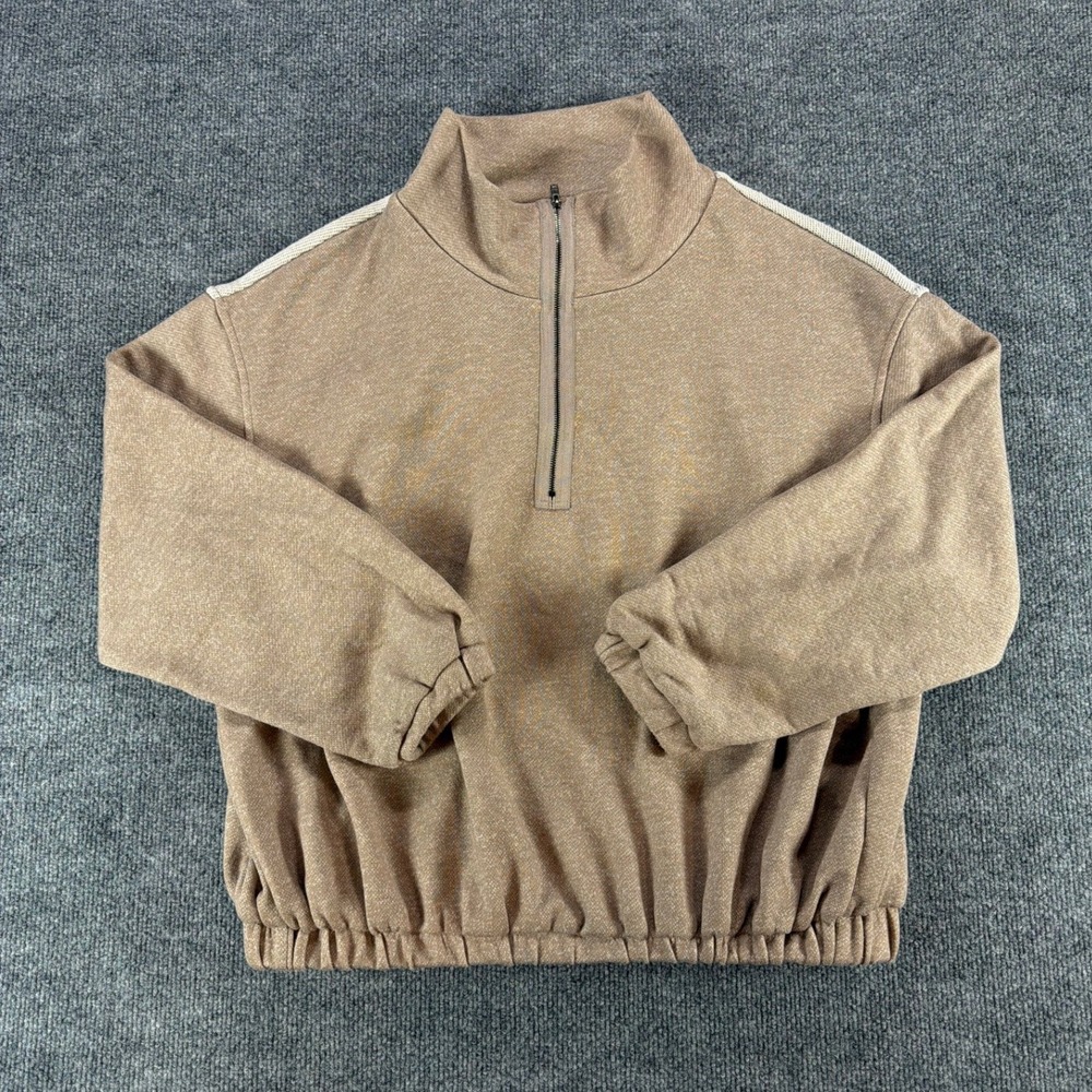 BiBi Womens Tan Marl Quarter Zip Pullover Sweatshirt Cropped Size M‎ Baggy